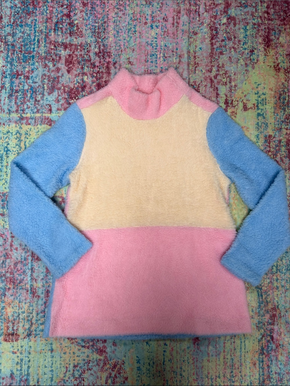 Colorblock Fuzzy Turtleneck Sweater - Pink, Cream & Blue